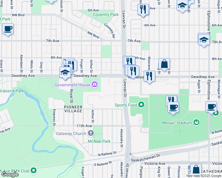 map of restaurants, bars, coffee shops, grocery stores, and more near 430 Pioneer Drive in Regina