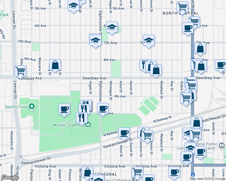map of restaurants, bars, coffee shops, grocery stores, and more near 1557 Montague Street in Regina