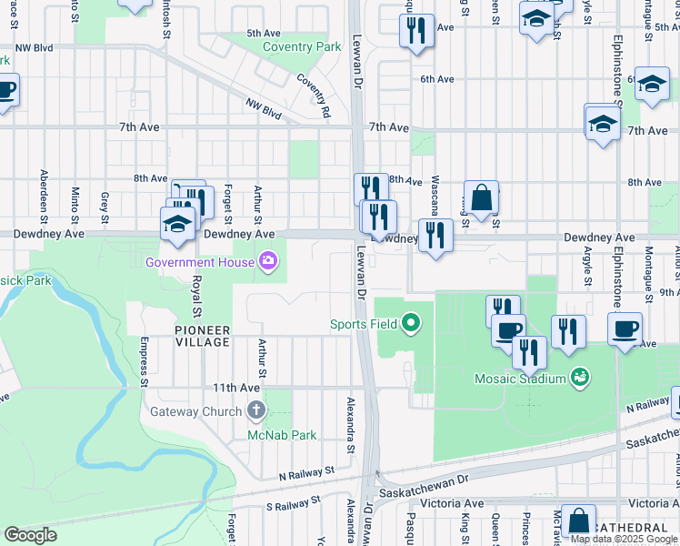 map of restaurants, bars, coffee shops, grocery stores, and more near in Regina