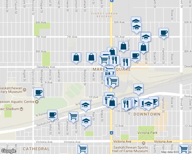 map of restaurants, bars, coffee shops, grocery stores, and more near 1555 Rae Street in Regina