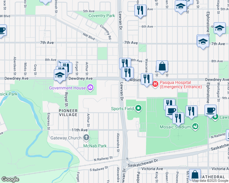 map of restaurants, bars, coffee shops, grocery stores, and more near 1538 Alexandra Street in Regina