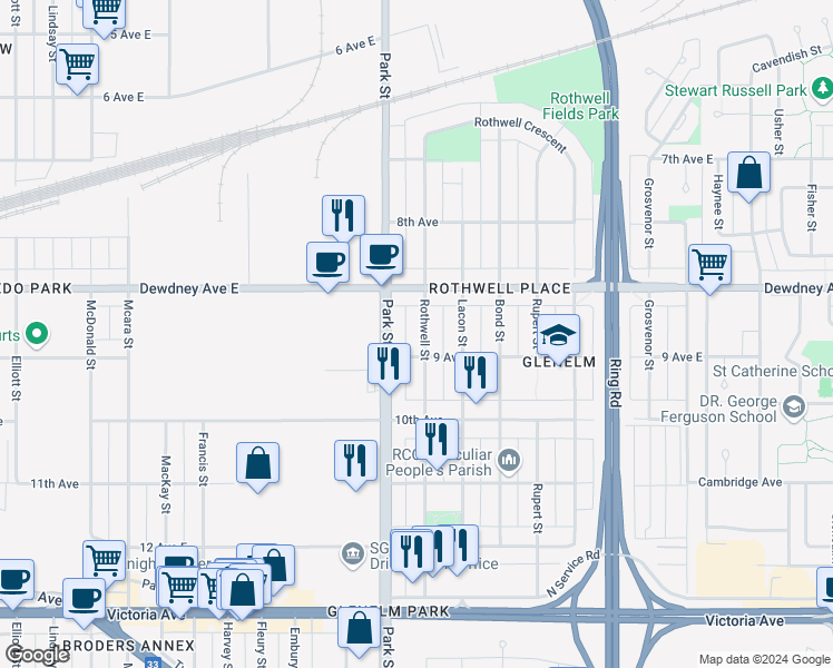 map of restaurants, bars, coffee shops, grocery stores, and more near 1560 Rothwell Street in Regina