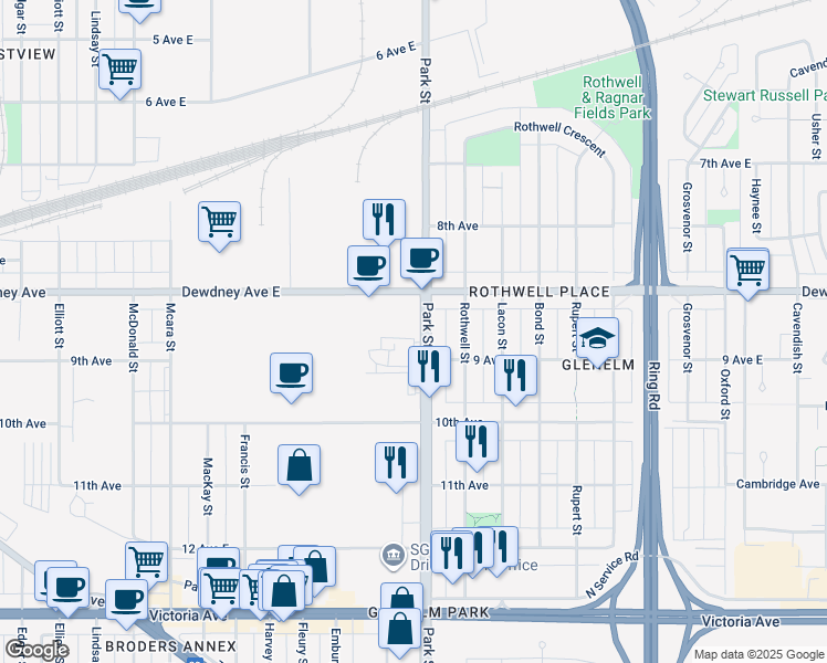 map of restaurants, bars, coffee shops, grocery stores, and more near 1550 Park Street in Regina