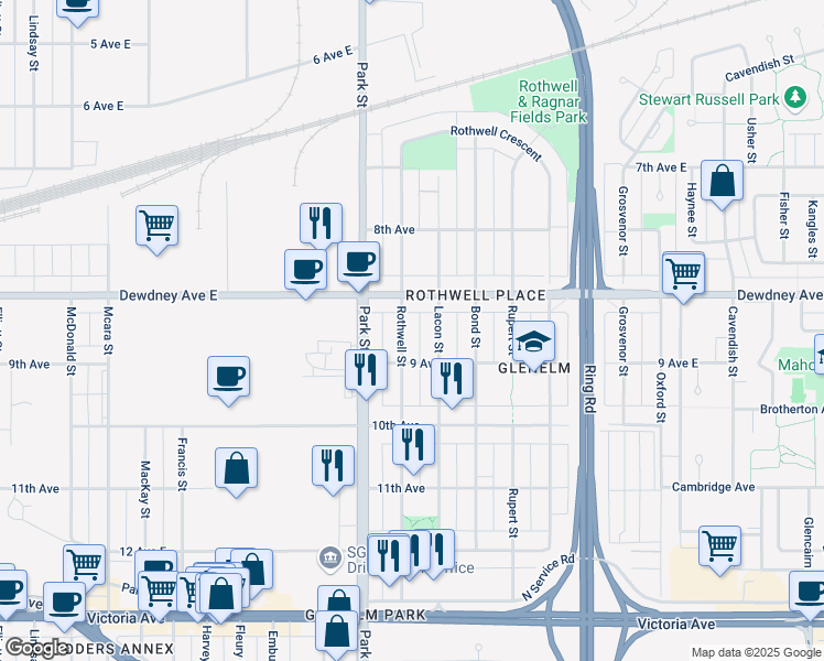 map of restaurants, bars, coffee shops, grocery stores, and more near 1560 Rothwell Street in Regina