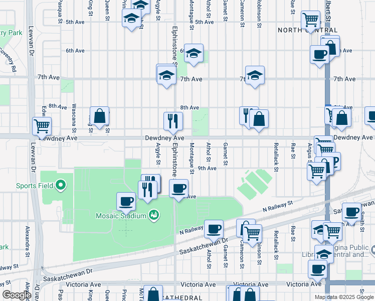 map of restaurants, bars, coffee shops, grocery stores, and more near 1557 Montague Street in Regina