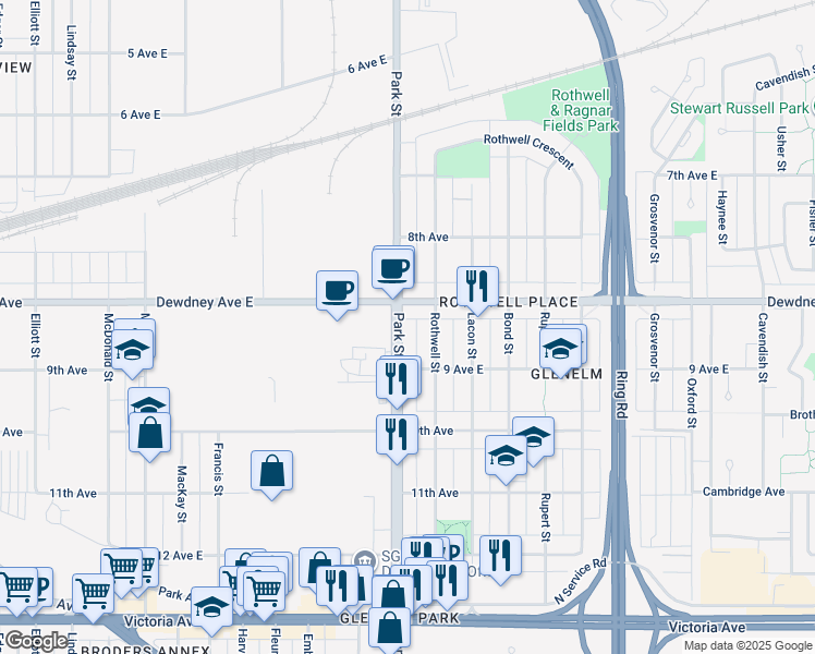 map of restaurants, bars, coffee shops, grocery stores, and more near 1550 Park Street in Regina
