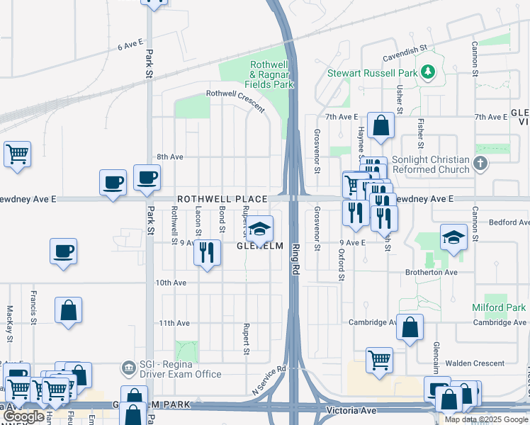 map of restaurants, bars, coffee shops, grocery stores, and more near 1524 Regent Street in Regina