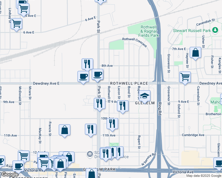 map of restaurants, bars, coffee shops, grocery stores, and more near 1523 Rothwell Street in Regina