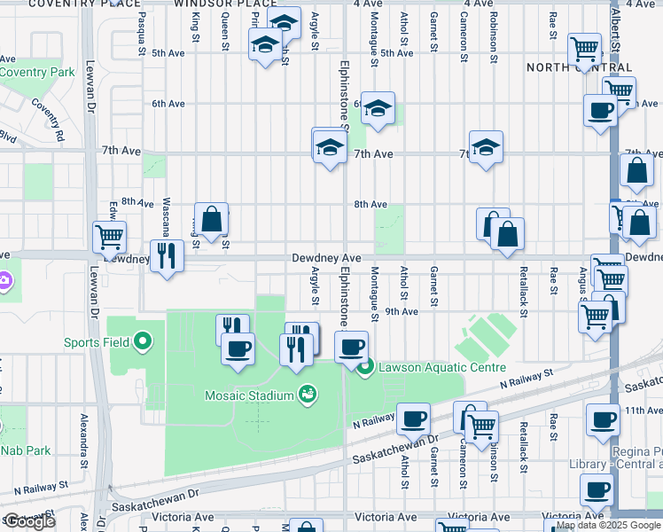 map of restaurants, bars, coffee shops, grocery stores, and more near 3519 Dewdney Avenue in Regina