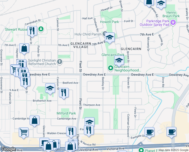 map of restaurants, bars, coffee shops, grocery stores, and more near 2509 Dewdney Avenue East in Regina