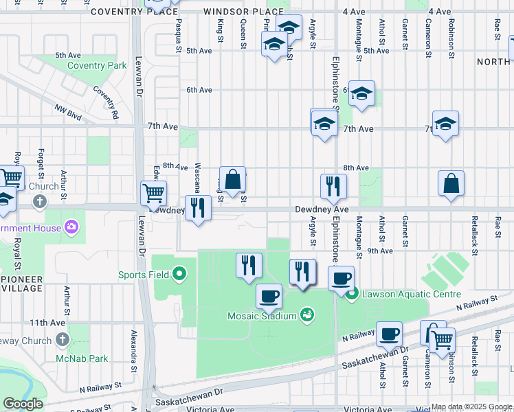 map of restaurants, bars, coffee shops, grocery stores, and more near 3738 Dewdney Avenue in Regina