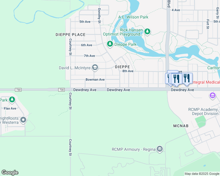map of restaurants, bars, coffee shops, grocery stores, and more near 7106 Dewdney Avenue in Regina