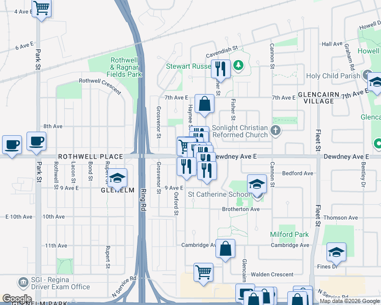 map of restaurants, bars, coffee shops, grocery stores, and more near 1610 Dewdney Avenue East in Regina