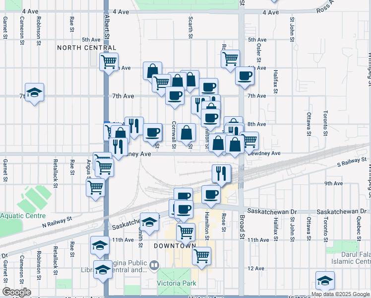 map of restaurants, bars, coffee shops, grocery stores, and more near 2100 Dewdney Avenue in Regina