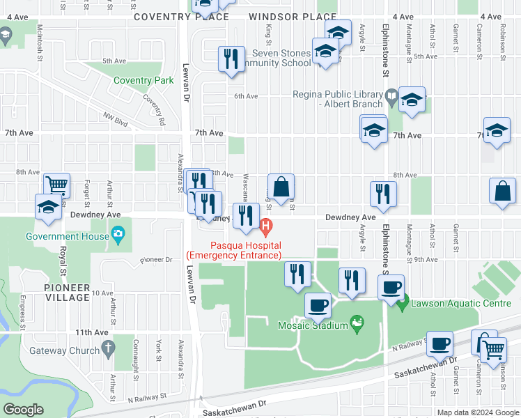 map of restaurants, bars, coffee shops, grocery stores, and more near 4000 Dewdney Avenue in Regina