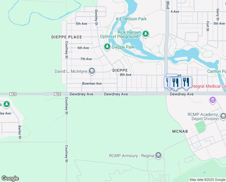map of restaurants, bars, coffee shops, grocery stores, and more near 7106 Dewdney Avenue in Regina