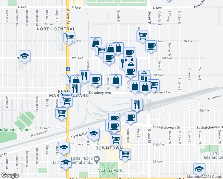 map of restaurants, bars, coffee shops, grocery stores, and more near 2100 Dewdney Avenue in Regina