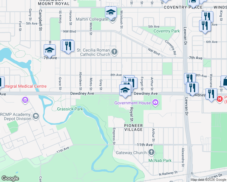 map of restaurants, bars, coffee shops, grocery stores, and more near 5030 Dewdney Avenue in Regina