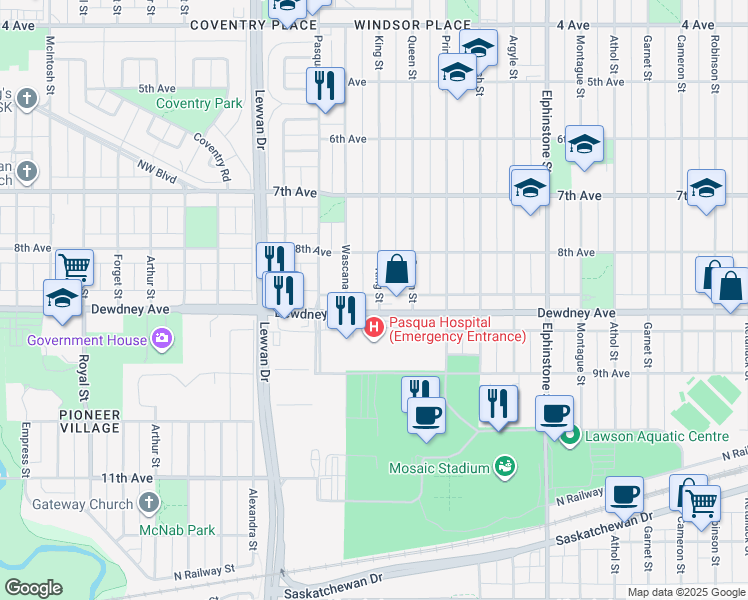 map of restaurants, bars, coffee shops, grocery stores, and more near 4000 Dewdney Avenue in Regina