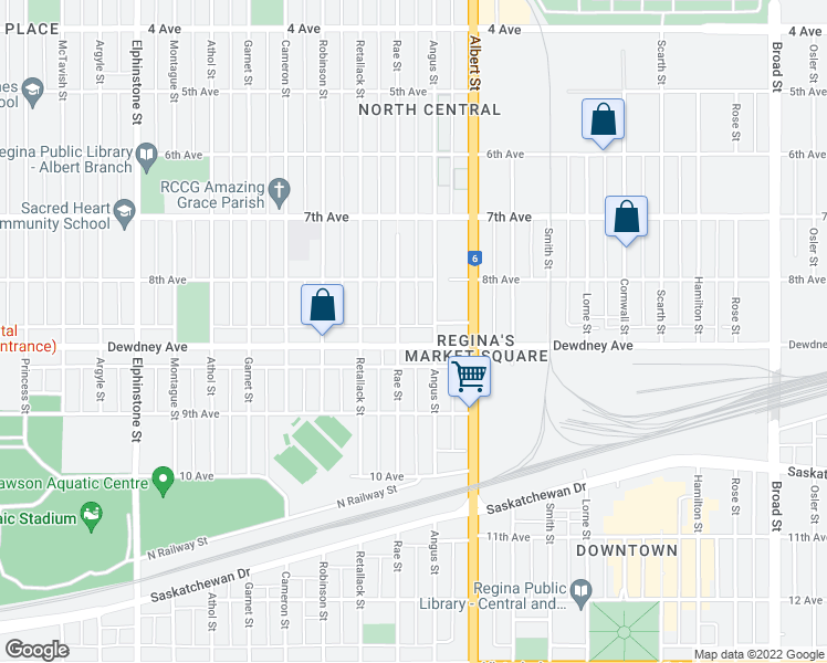 map of restaurants, bars, coffee shops, grocery stores, and more near 2724 Dewdney Avenue in Regina