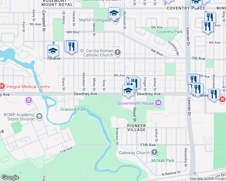 map of restaurants, bars, coffee shops, grocery stores, and more near 5030 Dewdney Avenue in Regina
