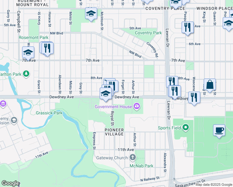 map of restaurants, bars, coffee shops, grocery stores, and more near 4826 Dewdney Avenue in Regina