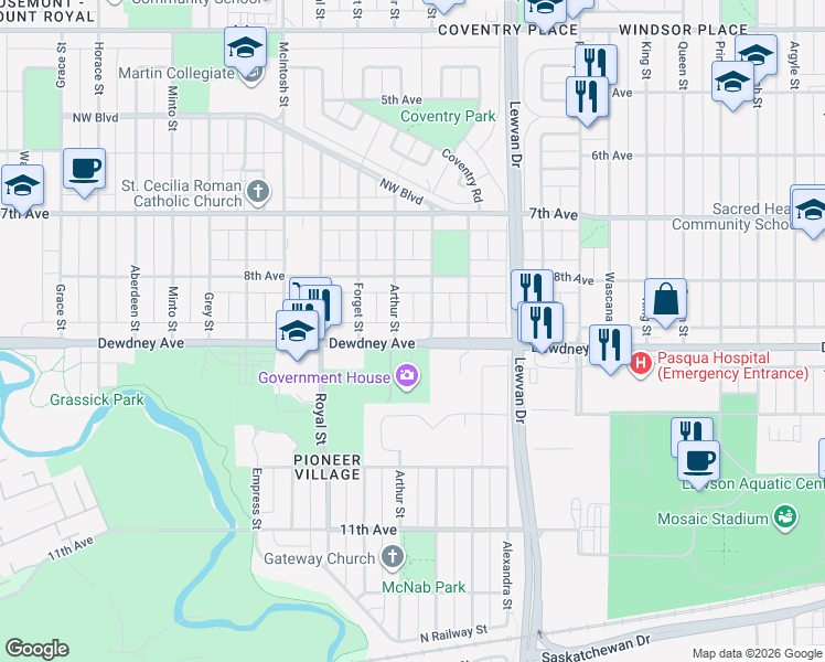 map of restaurants, bars, coffee shops, grocery stores, and more near 4620 Dewdney Avenue in Regina