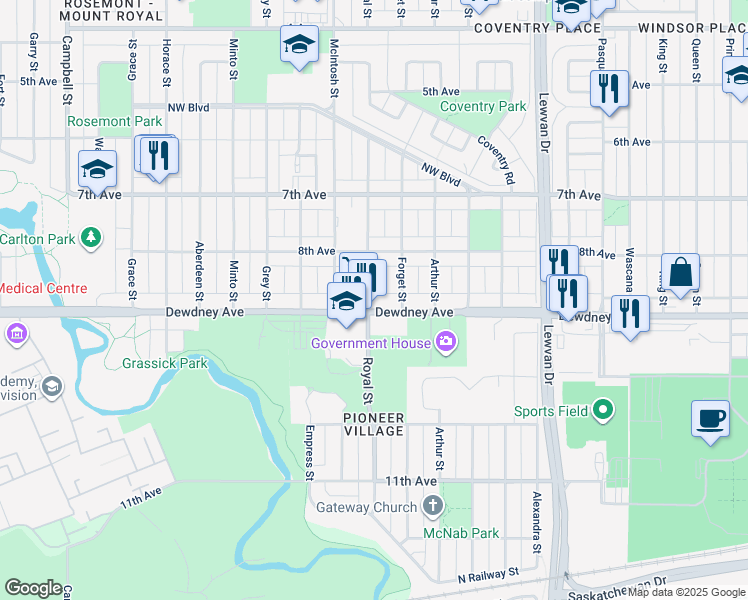 map of restaurants, bars, coffee shops, grocery stores, and more near 4826 Dewdney Avenue in Regina