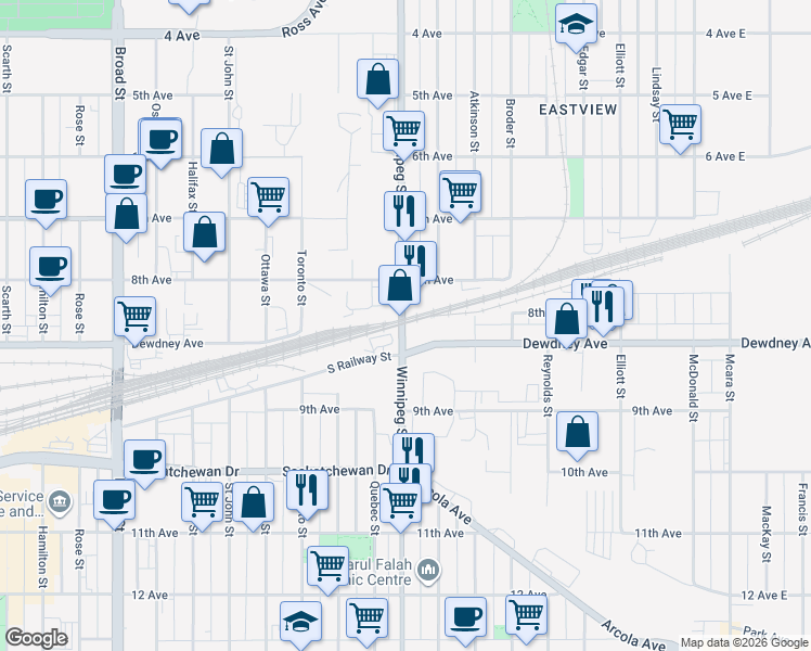 map of restaurants, bars, coffee shops, grocery stores, and more near 1931 Winnipeg Street in Regina