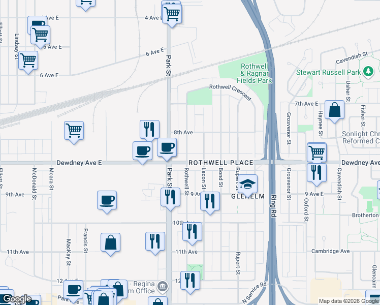 map of restaurants, bars, coffee shops, grocery stores, and more near 1455 Rothwell Street in Regina