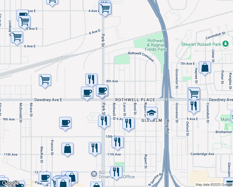map of restaurants, bars, coffee shops, grocery stores, and more near 1455 Rothwell Street in Regina