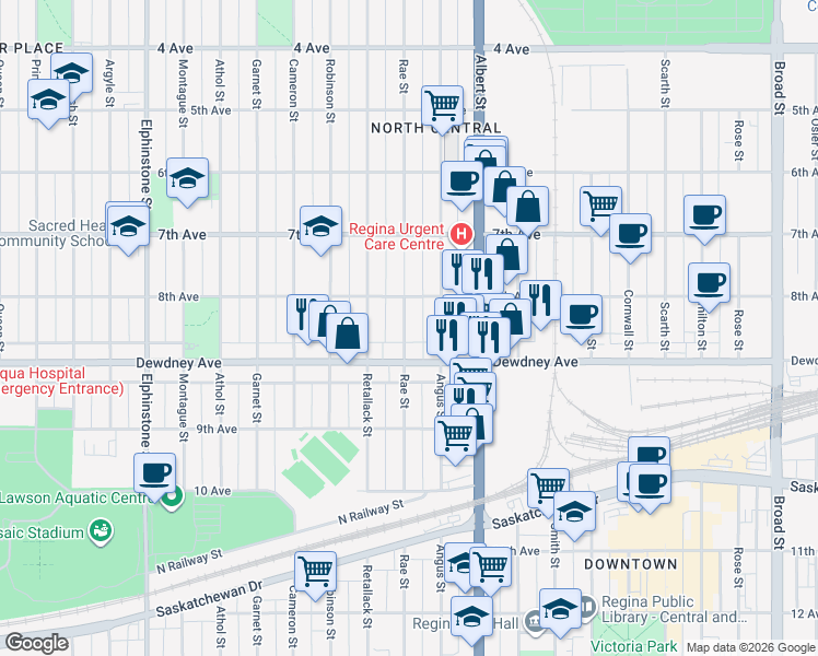 map of restaurants, bars, coffee shops, grocery stores, and more near 2724 Dewdney Avenue in Regina