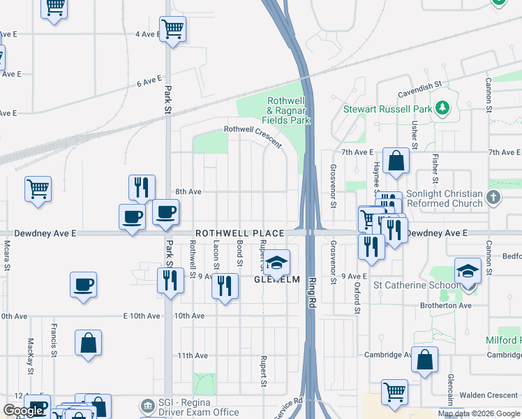 map of restaurants, bars, coffee shops, grocery stores, and more near 1138 Dewdney Avenue East in Regina