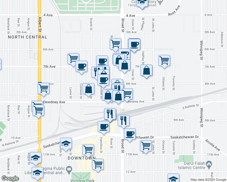 map of restaurants, bars, coffee shops, grocery stores, and more near Broad Street in Regina