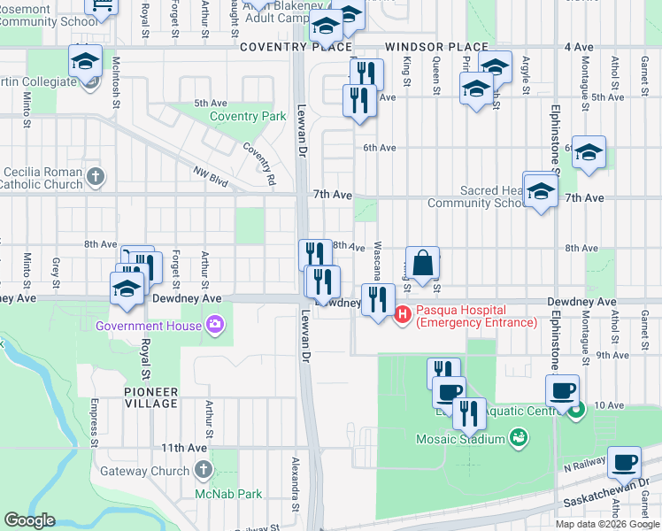 map of restaurants, bars, coffee shops, grocery stores, and more near 1435 Edward Street in Regina