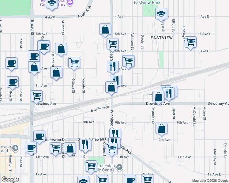 map of restaurants, bars, coffee shops, grocery stores, and more near 1931 Winnipeg Street in Regina