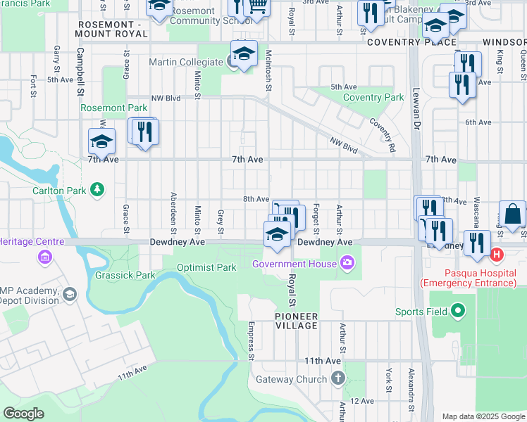 map of restaurants, bars, coffee shops, grocery stores, and more near 1422 McIntosh Street in Regina