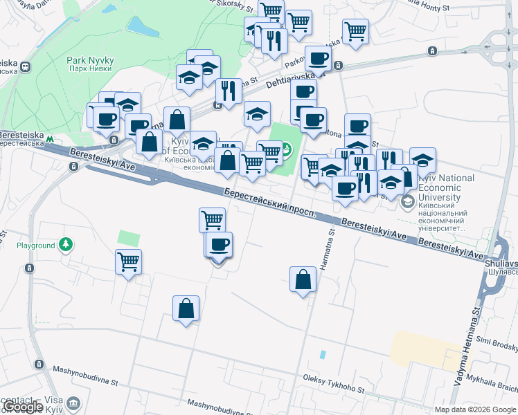 map of restaurants, bars, coffee shops, grocery stores, and more near 53 Beresteiskyi Avenue in Kyiv