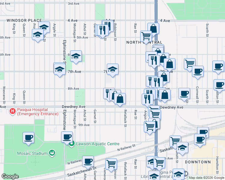 map of restaurants, bars, coffee shops, grocery stores, and more near 1340 Robinson Street in Regina