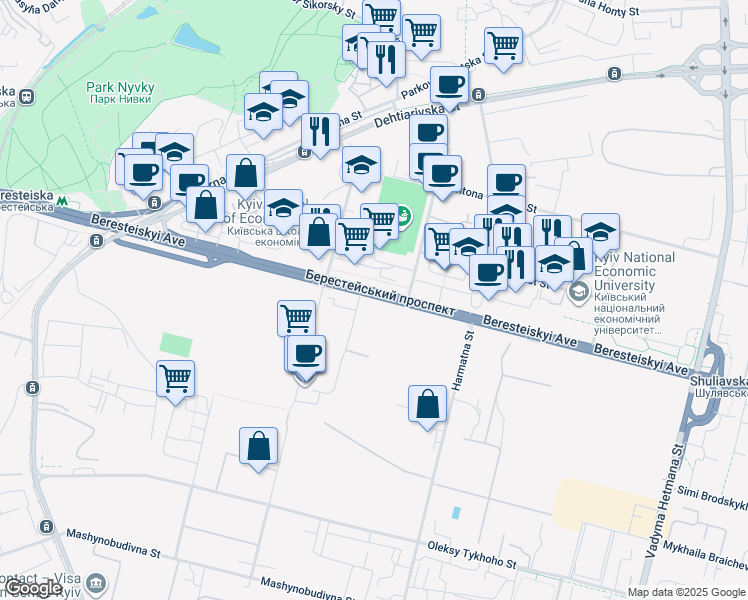 map of restaurants, bars, coffee shops, grocery stores, and more near 53 Beresteiskyi Avenue in Kyiv