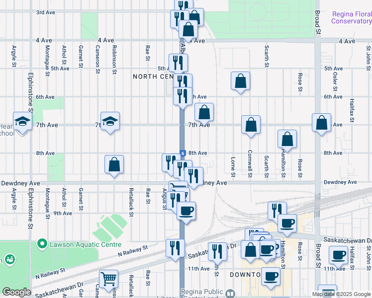 map of restaurants, bars, coffee shops, grocery stores, and more near 1375 Albert Street in Regina