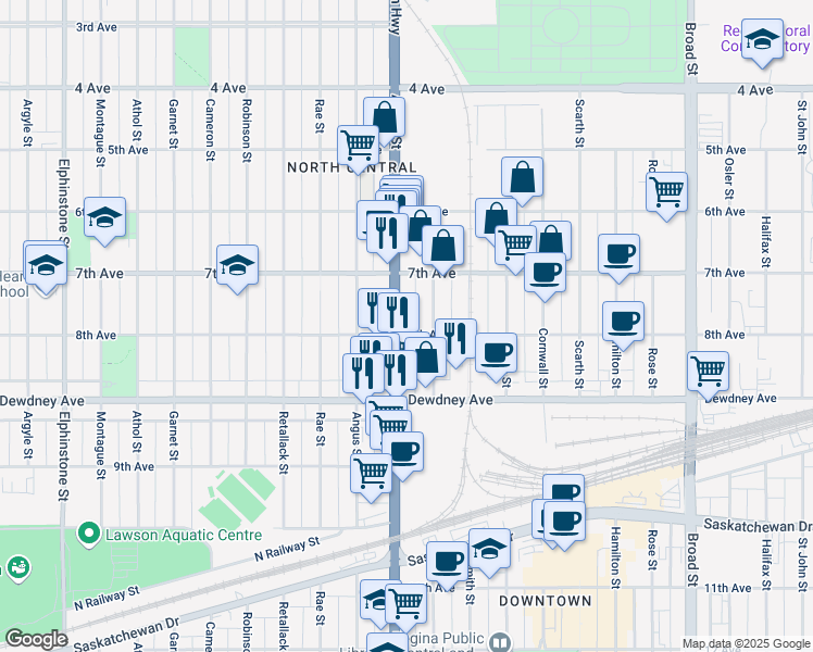 map of restaurants, bars, coffee shops, grocery stores, and more near 1375 Albert Street in Regina