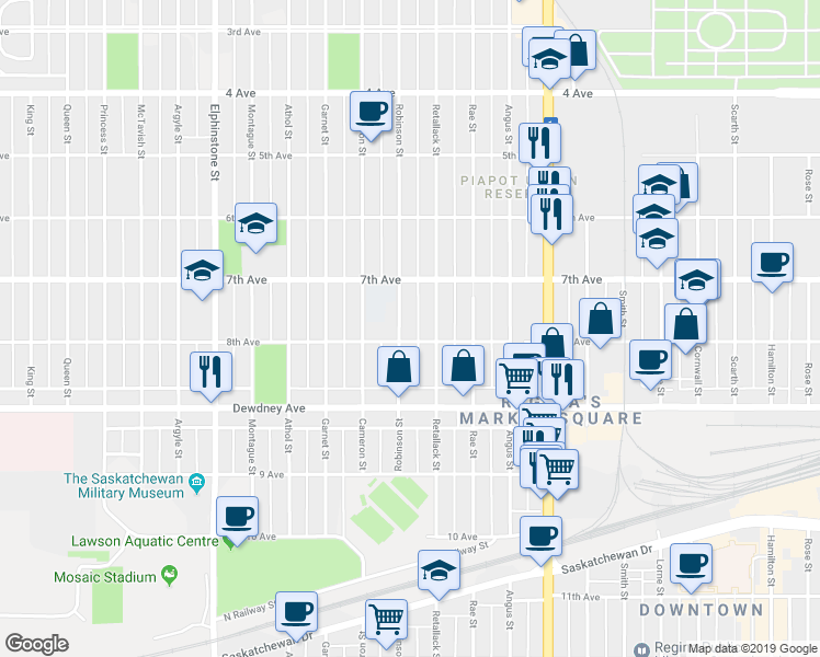 map of restaurants, bars, coffee shops, grocery stores, and more near 1367 Robinson Street in Regina