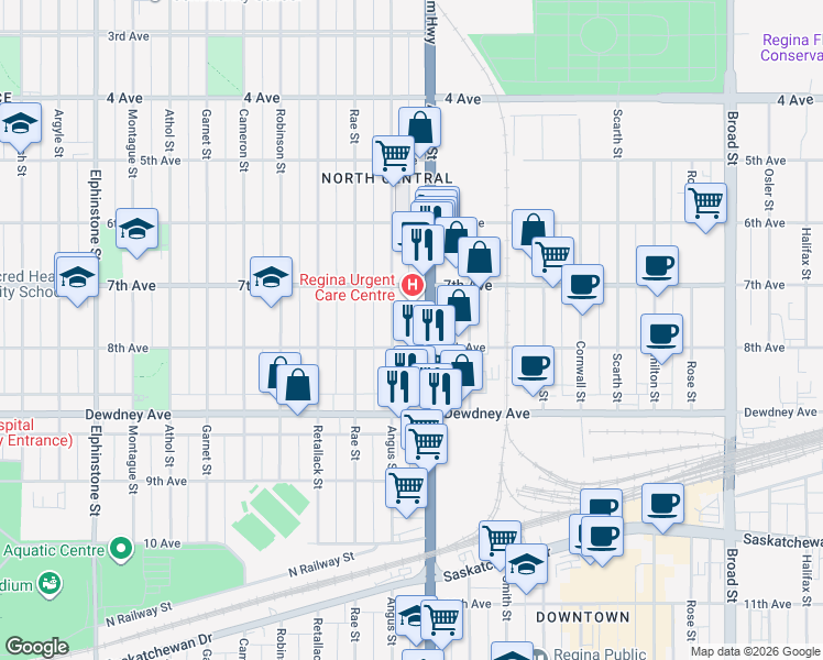 map of restaurants, bars, coffee shops, grocery stores, and more near 1350 Albert Street in Regina