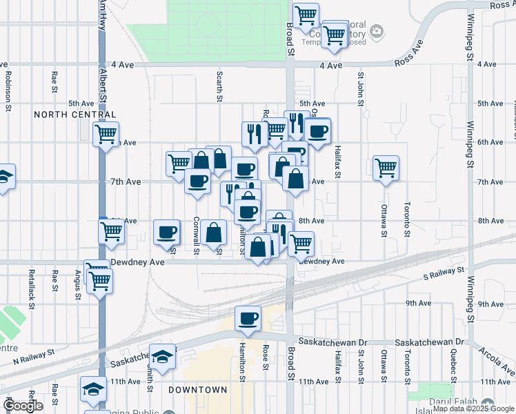 map of restaurants, bars, coffee shops, grocery stores, and more near 1368 Rose Street in Regina