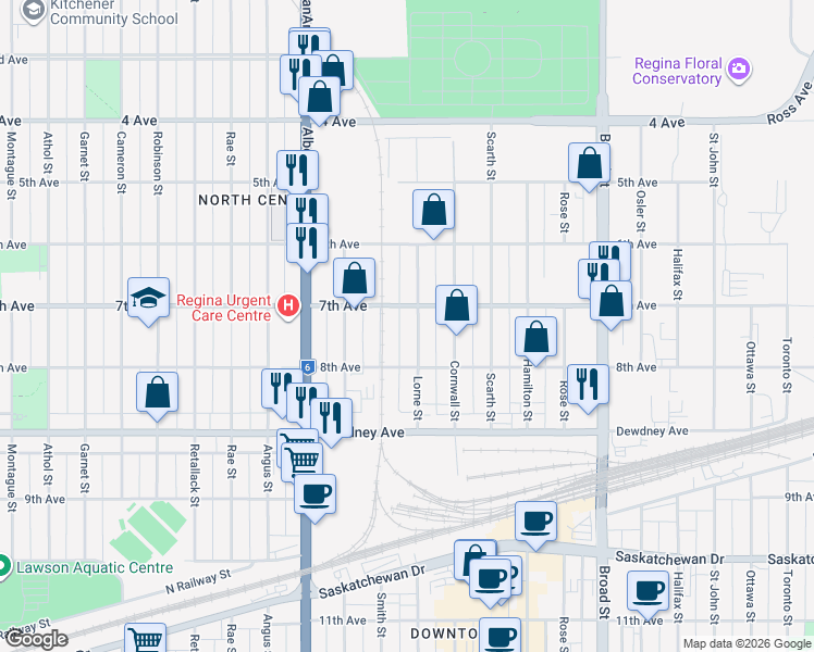 map of restaurants, bars, coffee shops, grocery stores, and more near 2330 7th Avenue in Regina