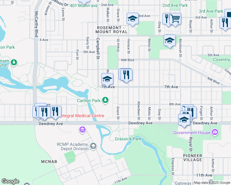 map of restaurants, bars, coffee shops, grocery stores, and more near 1236 Grace Street in Regina