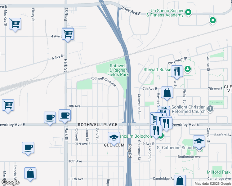 map of restaurants, bars, coffee shops, grocery stores, and more near 103 Rothwell Crescent in Regina