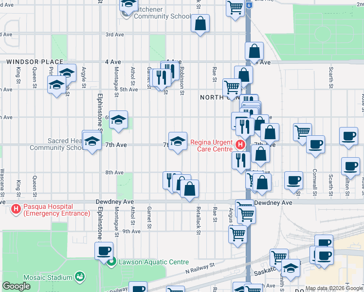 map of restaurants, bars, coffee shops, grocery stores, and more near 1340 Robinson Street in Regina