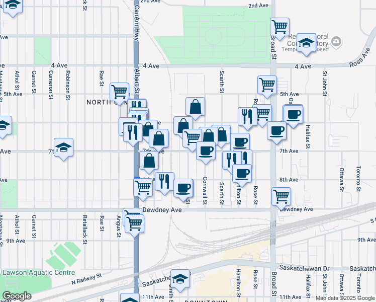 map of restaurants, bars, coffee shops, grocery stores, and more near Lorne Street in Regina